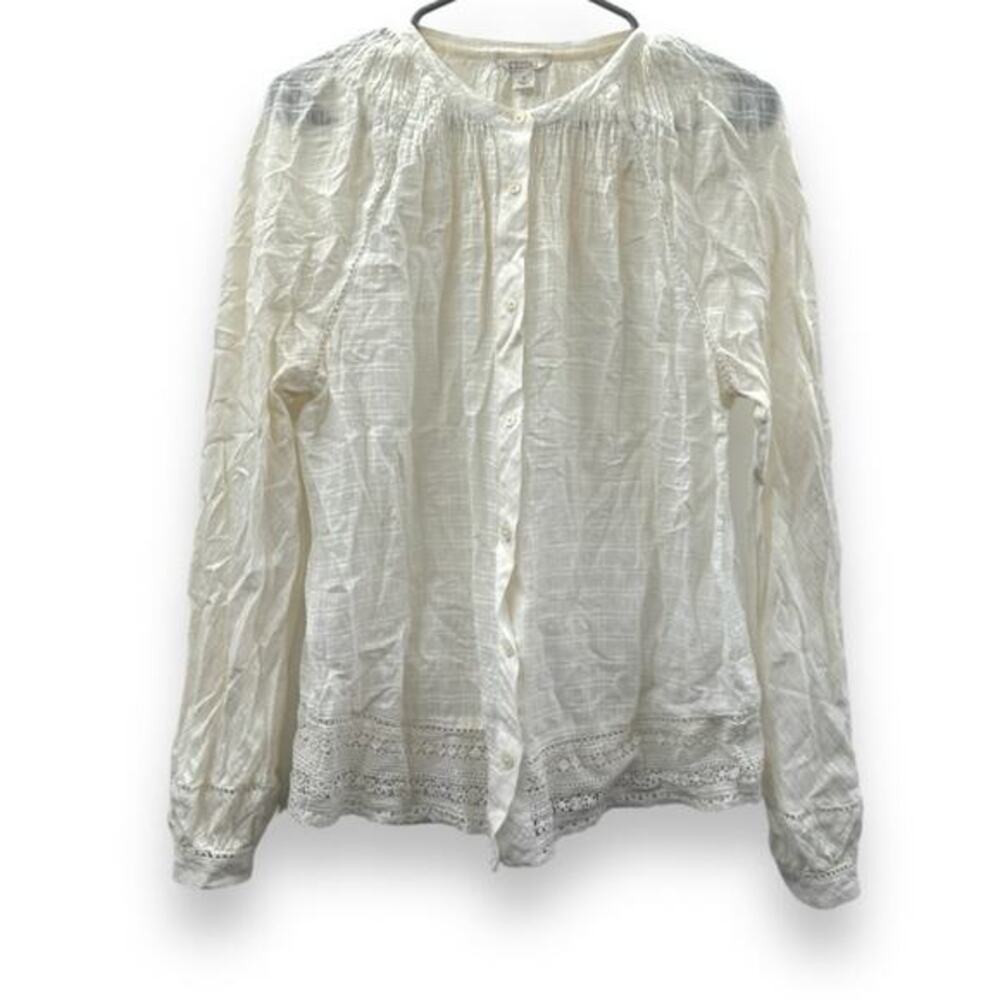 J. Crew Point Sur White Long Sleeve Peasant Top‎ in Windowpane Cotton Voile Sz S